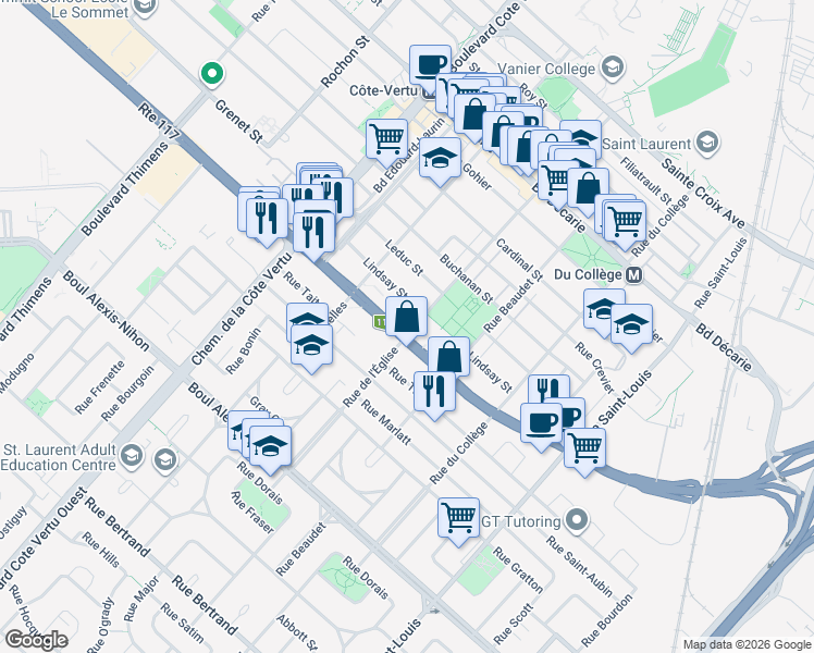 map of restaurants, bars, coffee shops, grocery stores, and more near 1845 Rue de l'Église in Montréal