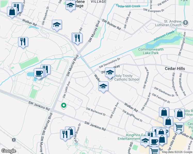 map of restaurants, bars, coffee shops, grocery stores, and more near 13703 Southwest Walker Road in Beaverton