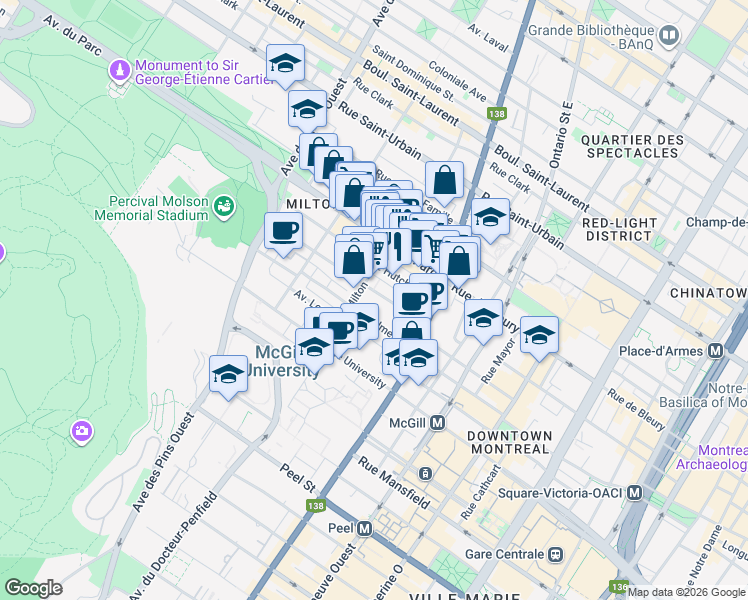 map of restaurants, bars, coffee shops, grocery stores, and more near 3470 Rue Durocher in Montréal