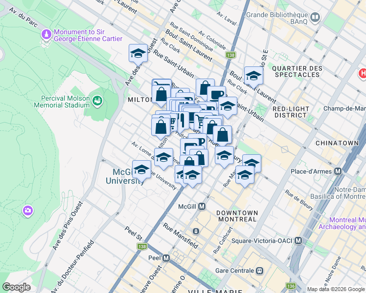 map of restaurants, bars, coffee shops, grocery stores, and more near 3455 Rue Durocher in Montréal