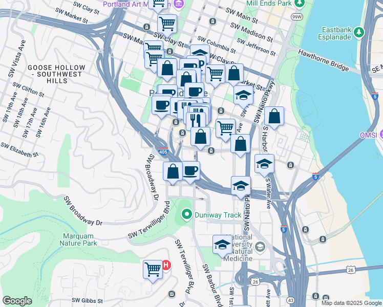map of restaurants, bars, coffee shops, grocery stores, and more near 2121 Southwest 4th Avenue in Portland