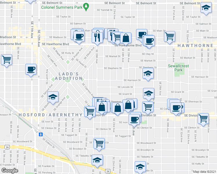 map of restaurants, bars, coffee shops, grocery stores, and more near 2132 Southeast Lincoln Street in Portland