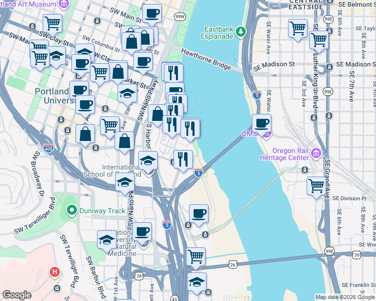 map of restaurants, bars, coffee shops, grocery stores, and more near 1816 South River Drive in Portland
