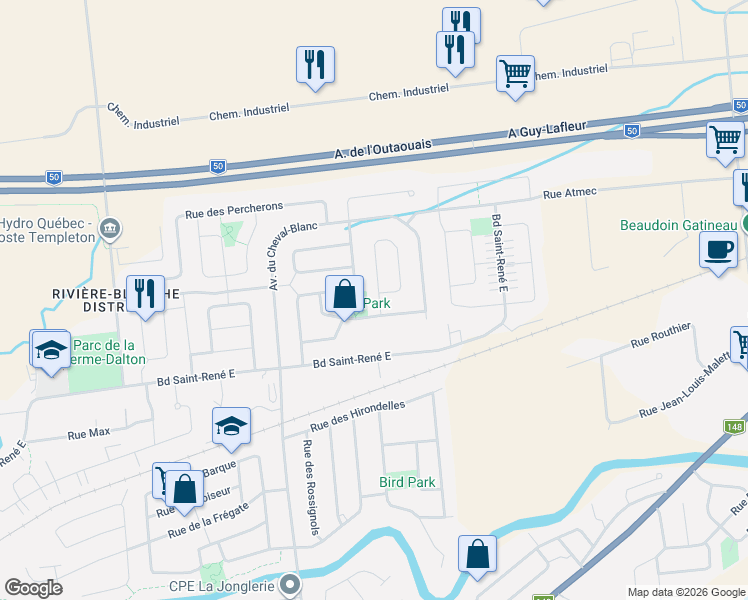 map of restaurants, bars, coffee shops, grocery stores, and more near 19 Rue des Boulonnais in Gatineau
