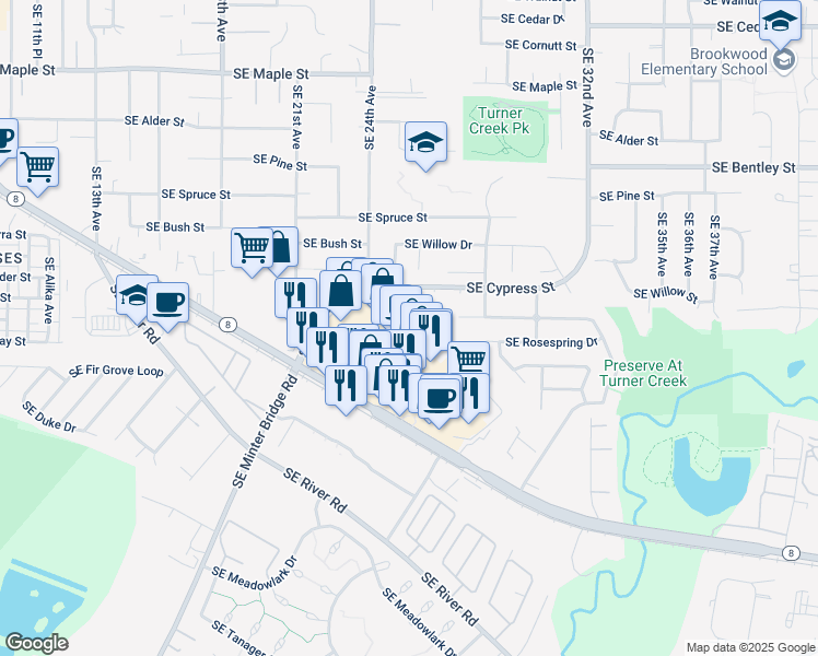 map of restaurants, bars, coffee shops, grocery stores, and more near 2556 Southeast Cypress Street in Hillsboro