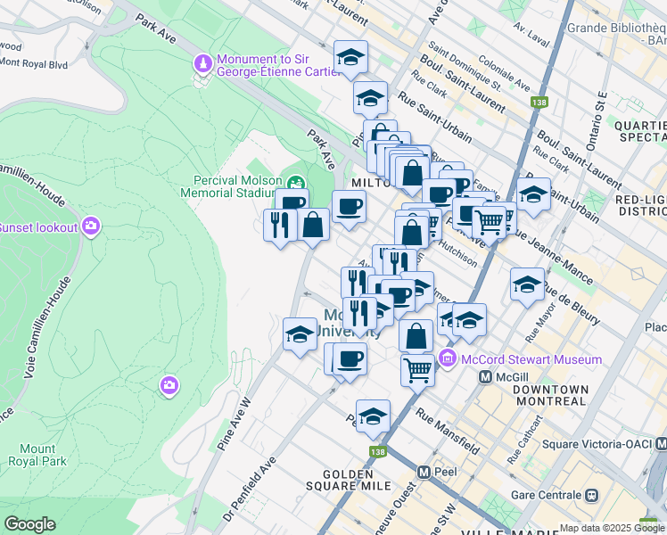 map of restaurants, bars, coffee shops, grocery stores, and more near 3615 Rue University in Montréal