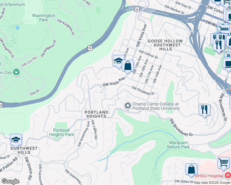 map of restaurants, bars, coffee shops, grocery stores, and more near 1948 Southwest Terrace Drive in Portland