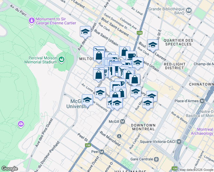 map of restaurants, bars, coffee shops, grocery stores, and more near 3460 Rue Durocher in Montréal