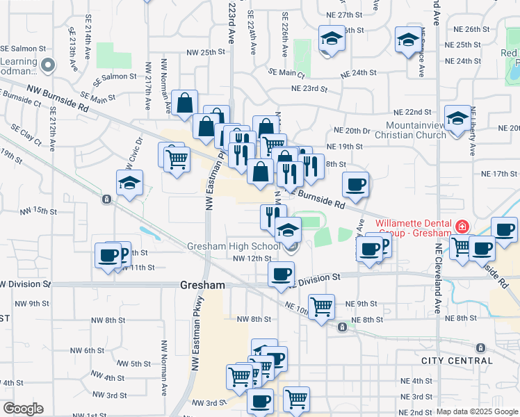 map of restaurants, bars, coffee shops, grocery stores, and more near 40-3-WI Northwest Burnside Court in Gresham