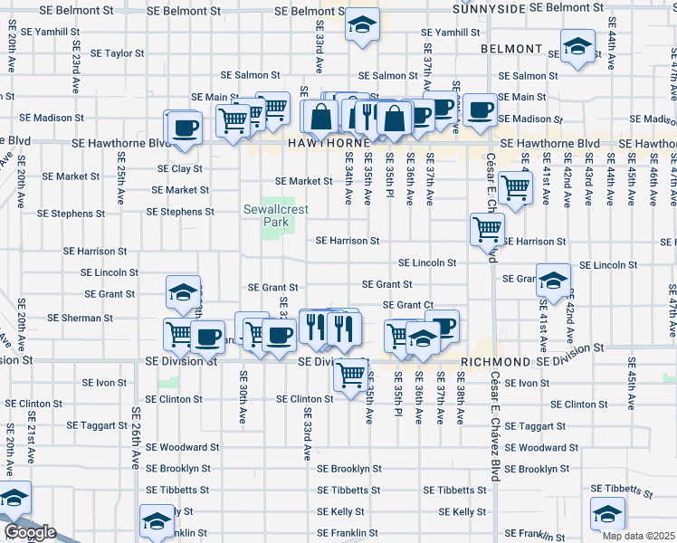 map of restaurants, bars, coffee shops, grocery stores, and more near 2020 Southeast 34th Avenue in Portland