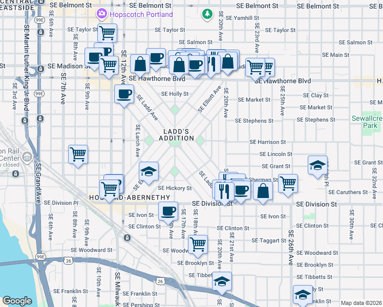 map of restaurants, bars, coffee shops, grocery stores, and more near 1811 Southeast Harrison Street in Portland