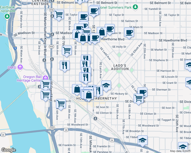 map of restaurants, bars, coffee shops, grocery stores, and more near 70 Southeast Harrison Street in Portland