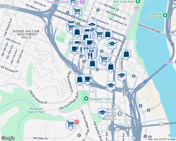 map of restaurants, bars, coffee shops, grocery stores, and more near 1930 Southwest 4th Avenue in Portland