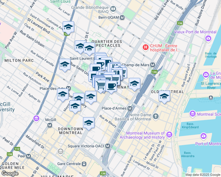 map of restaurants, bars, coffee shops, grocery stores, and more near 1250 Rue Saint-Urbain in Montréal