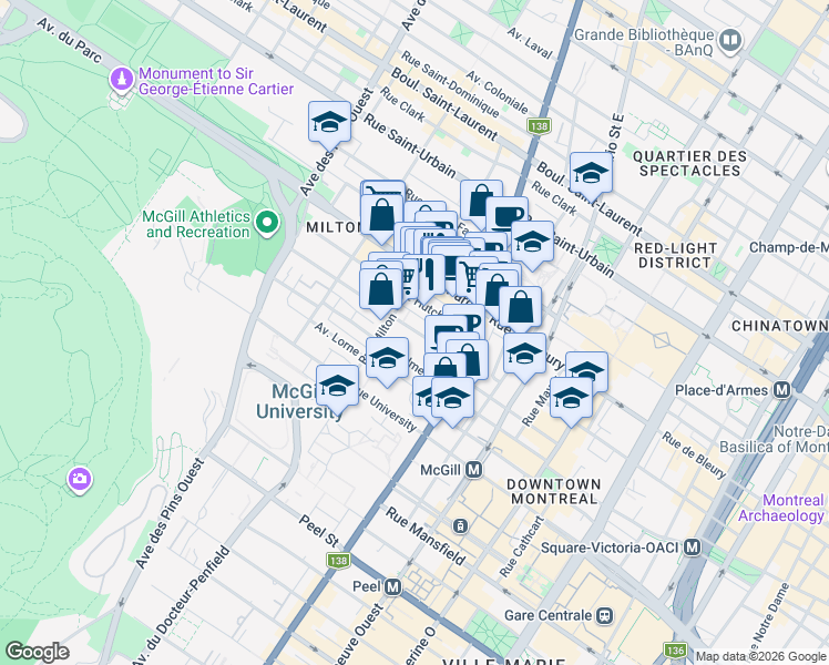 map of restaurants, bars, coffee shops, grocery stores, and more near 3460 Durocher in Montreal