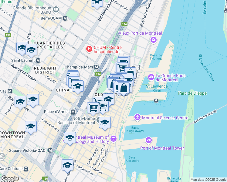 map of restaurants, bars, coffee shops, grocery stores, and more near 160 Rue Notre-Dame Est in Montréal