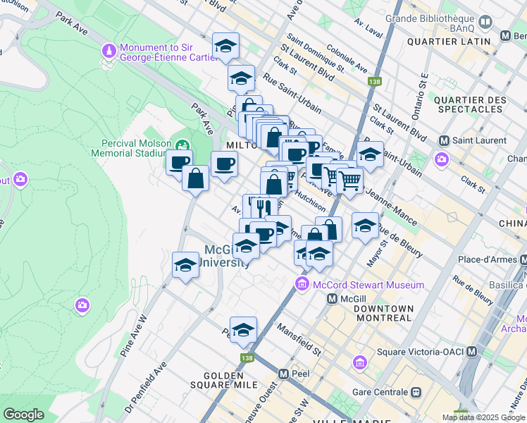 map of restaurants, bars, coffee shops, grocery stores, and more near 3525 Aylmer St in Montreal