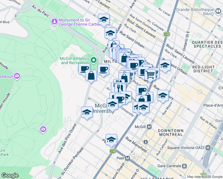 map of restaurants, bars, coffee shops, grocery stores, and more near 3565 Lorne Avenue in Montreal