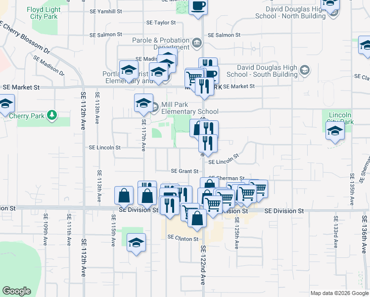 map of restaurants, bars, coffee shops, grocery stores, and more near 1973 Southeast 122nd Avenue in Portland