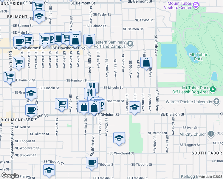 map of restaurants, bars, coffee shops, grocery stores, and more near 5228 Southeast Lincoln Street in Portland