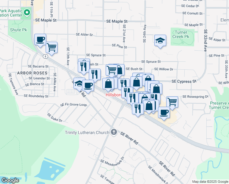 map of restaurants, bars, coffee shops, grocery stores, and more near 1975 Southeast Tualatin Valley Highway in Hillsboro