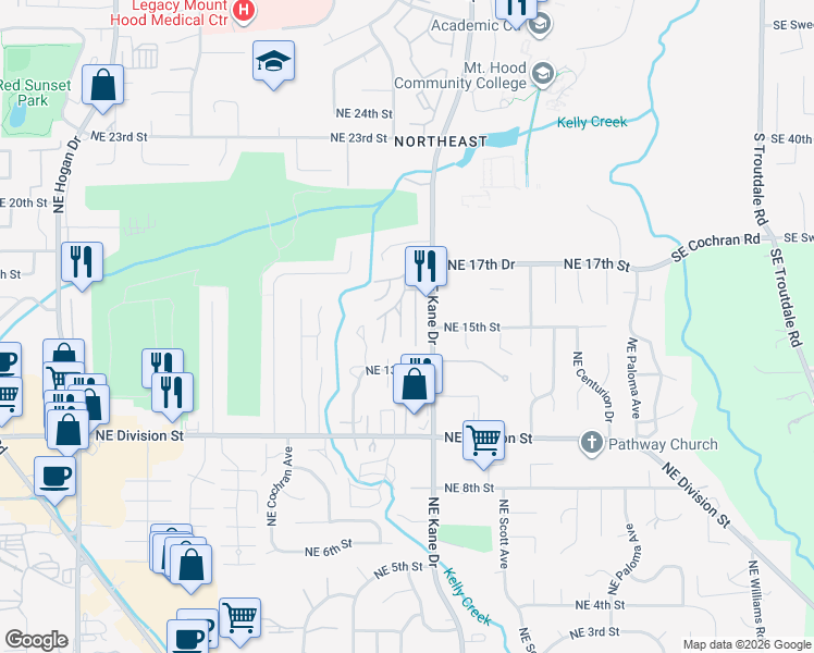 map of restaurants, bars, coffee shops, grocery stores, and more near 1553 Northeast Hale Place in Gresham