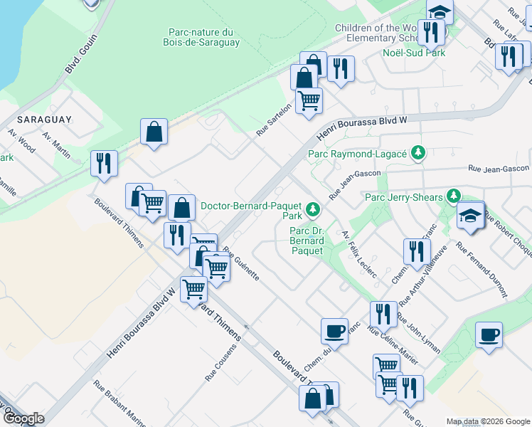 map of restaurants, bars, coffee shops, grocery stores, and more near 7278 Boulevard Henri Bourassa Ouest in Montréal