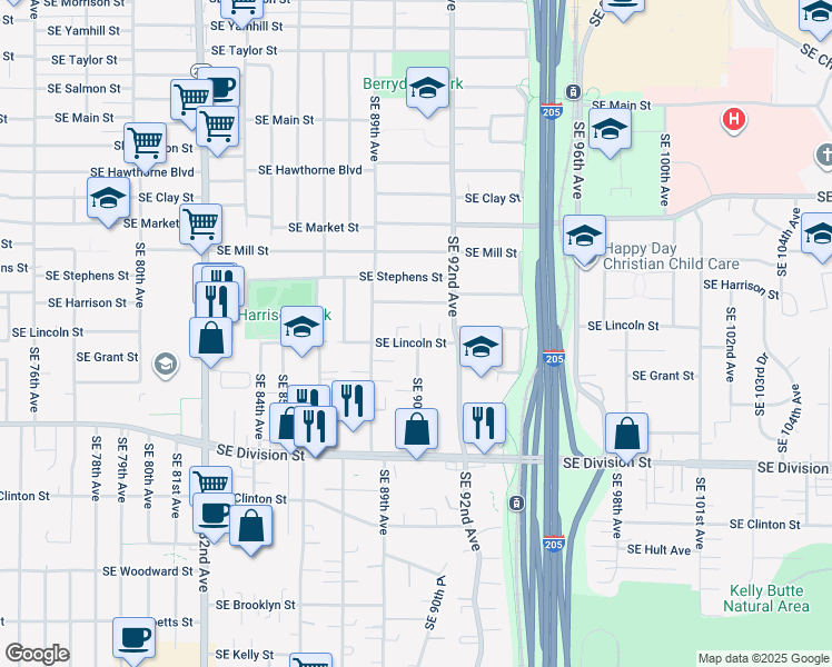 map of restaurants, bars, coffee shops, grocery stores, and more near 9022 Southeast Lincoln Court in Portland