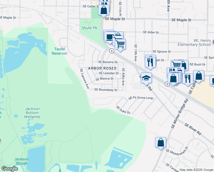 map of restaurants, bars, coffee shops, grocery stores, and more near 1140 Southeast Westerland Street in Hillsboro