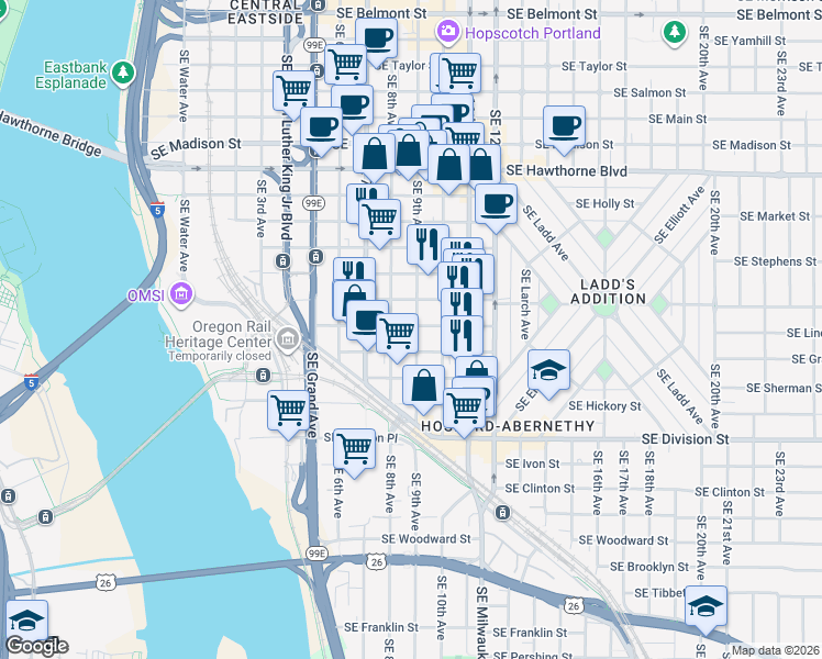 map of restaurants, bars, coffee shops, grocery stores, and more near 2105 Southeast 9th Avenue in Portland
