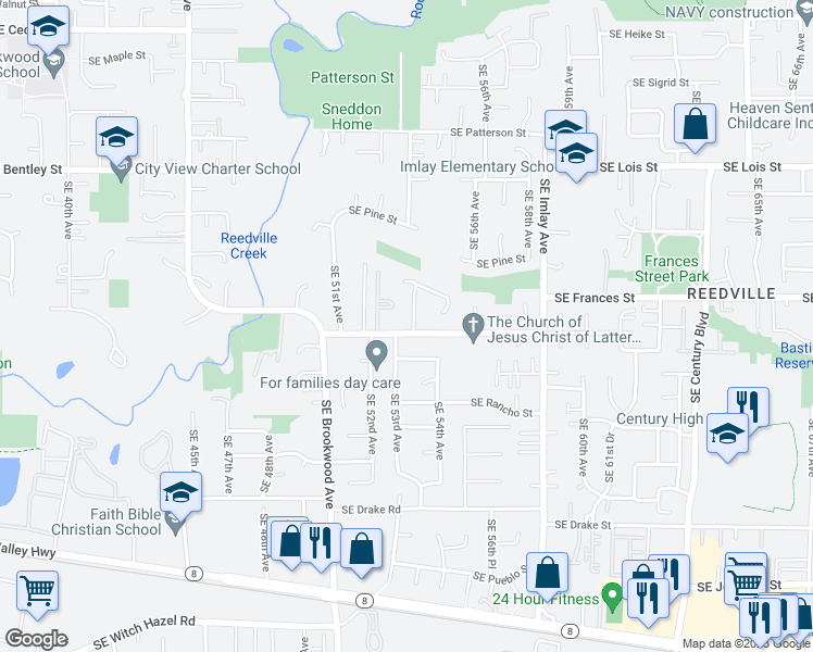 map of restaurants, bars, coffee shops, grocery stores, and more near 1593 Southeast 53rd Avenue in Hillsboro
