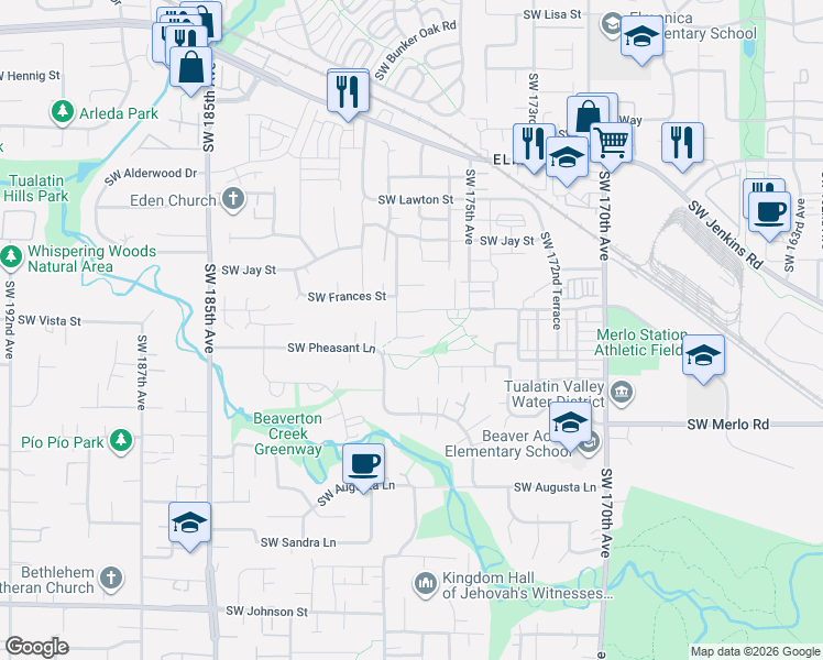 map of restaurants, bars, coffee shops, grocery stores, and more near 17733 Southwest Pointe Forest Court in Beaverton