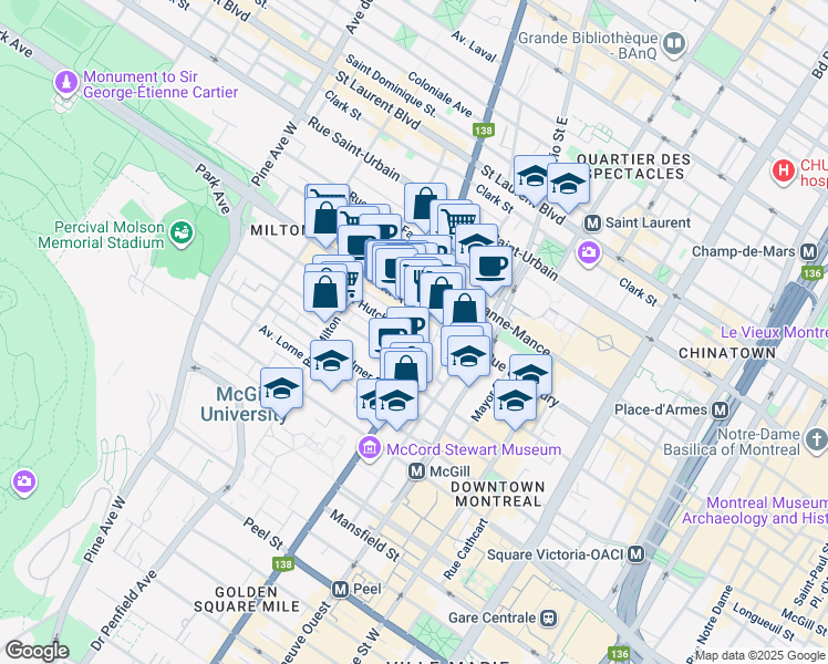 map of restaurants, bars, coffee shops, grocery stores, and more near 391 Rue Sherbrooke Ouest in Montréal