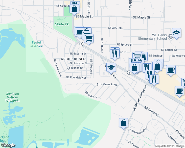 map of restaurants, bars, coffee shops, grocery stores, and more near 1184 Southeast Alika Avenue in Hillsboro