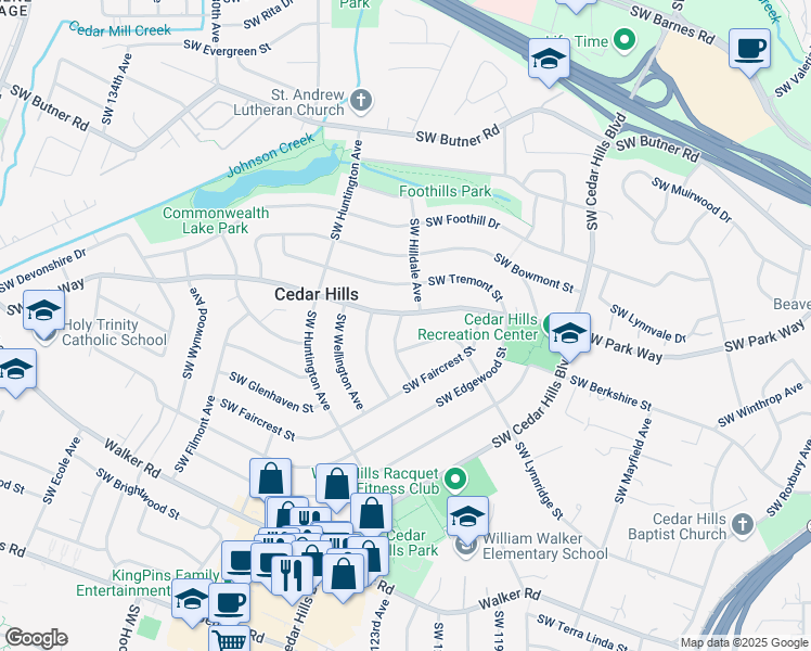map of restaurants, bars, coffee shops, grocery stores, and more near 1580 Southwest Hilldale Avenue in Portland