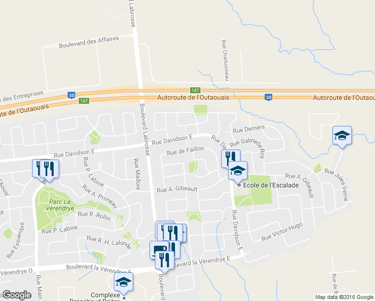 map of restaurants, bars, coffee shops, grocery stores, and more near Rue de Faillon in Gatineau