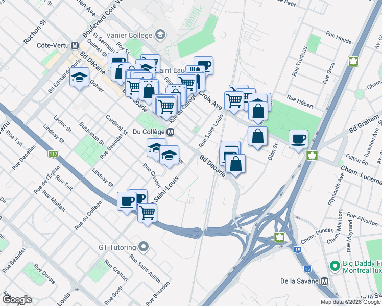 map of restaurants, bars, coffee shops, grocery stores, and more near 404 Boulevard Décarie in Montréal