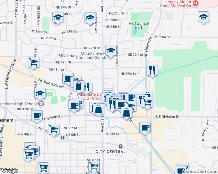 map of restaurants, bars, coffee shops, grocery stores, and more near 1244 Northeast 16th Street in Gresham