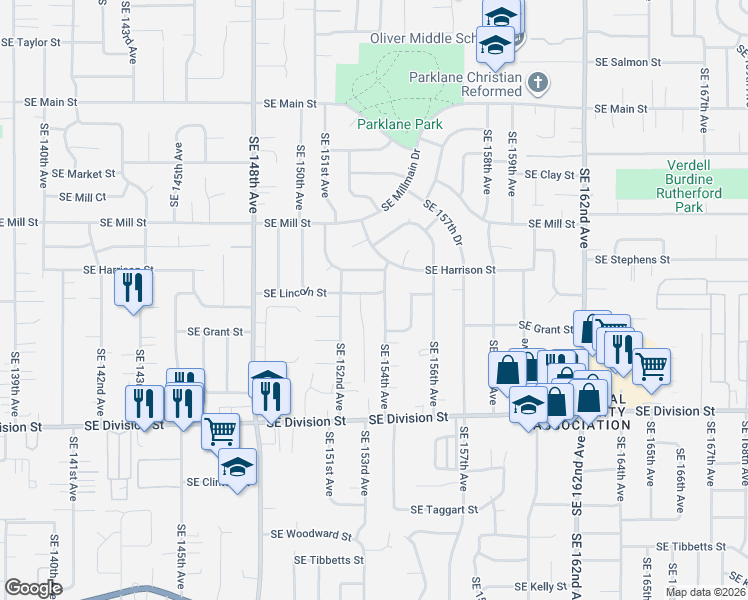 map of restaurants, bars, coffee shops, grocery stores, and more near 2050 Southeast 154th Avenue in Portland