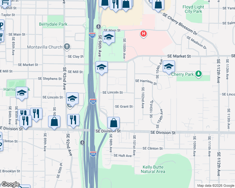 map of restaurants, bars, coffee shops, grocery stores, and more near 9810 Southeast Harrison Street in Portland