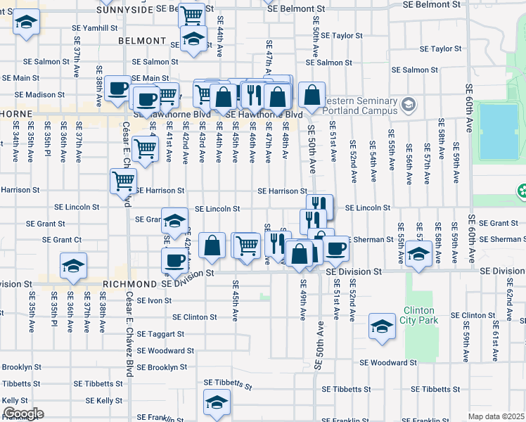 map of restaurants, bars, coffee shops, grocery stores, and more near 2015 Southeast 47th Avenue in Portland