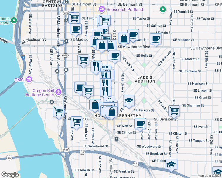 map of restaurants, bars, coffee shops, grocery stores, and more near 70 Southeast Harrison Street in Portland