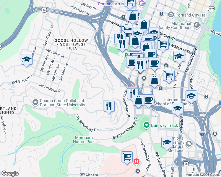 map of restaurants, bars, coffee shops, grocery stores, and more near 1260 Southwest Cardinell Drive in Portland
