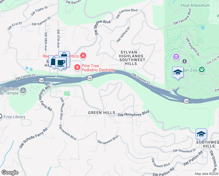 map of restaurants, bars, coffee shops, grocery stores, and more near 4933 Southwest Humphrey Park Road in Portland