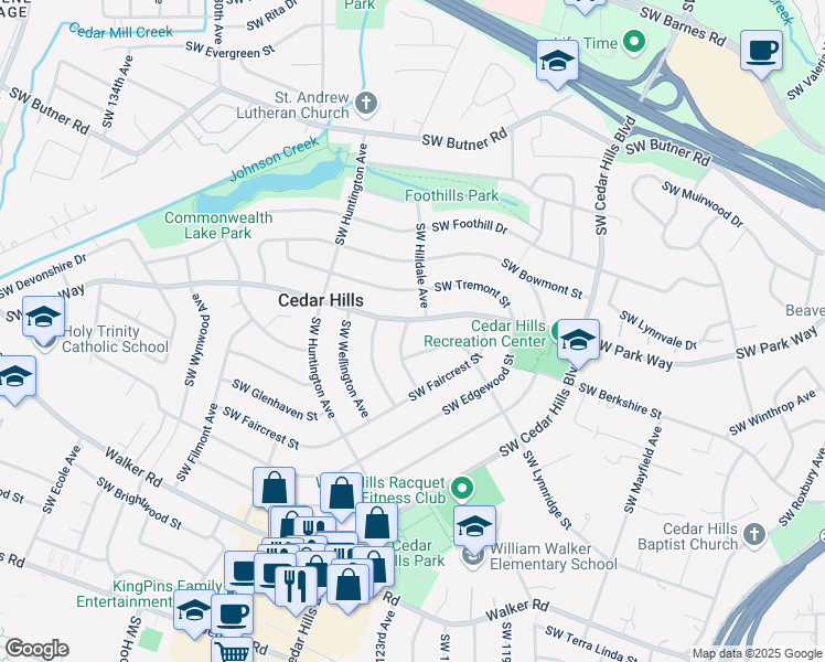 map of restaurants, bars, coffee shops, grocery stores, and more near 1580 Southwest Hilldale Avenue in Portland