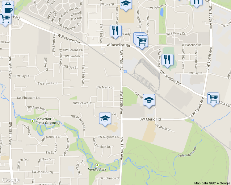 map of restaurants, bars, coffee shops, grocery stores, and more near 1602 Southwest 171st Terrace in Beaverton
