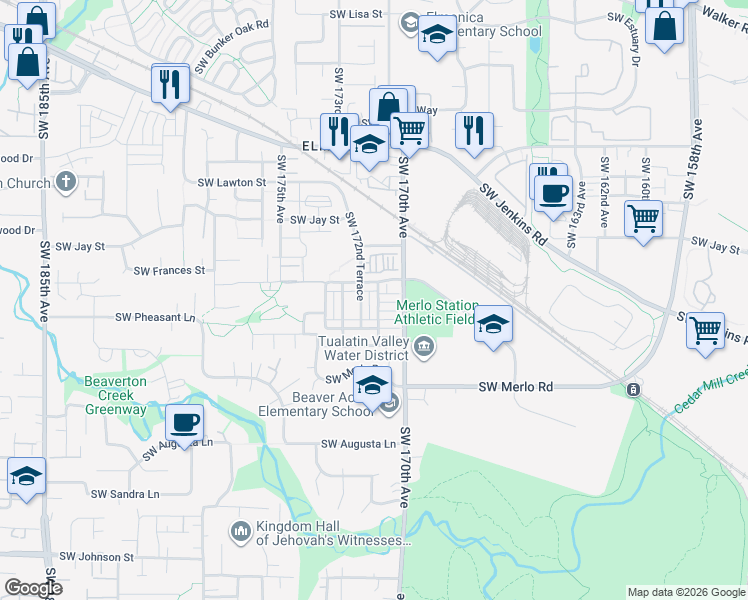 map of restaurants, bars, coffee shops, grocery stores, and more near 1602 Southwest 171st Terrace in Beaverton