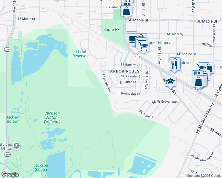map of restaurants, bars, coffee shops, grocery stores, and more near 1129 Southeast Wenlock Avenue in Hillsboro