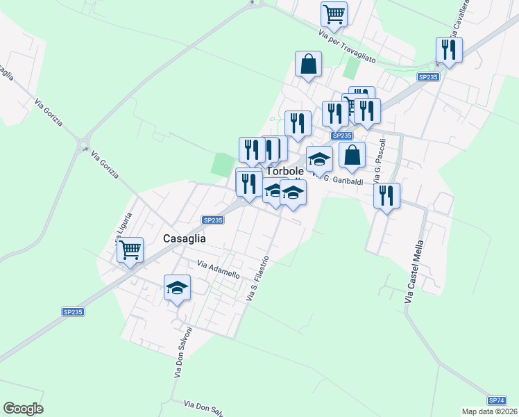 map of restaurants, bars, coffee shops, grocery stores, and more near 139 Via Giuseppe Mazzini in Torbole Casaglia