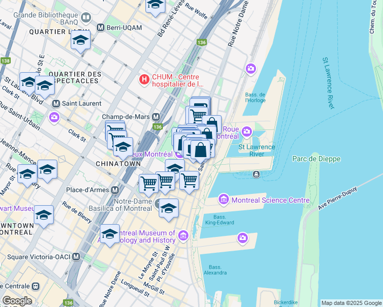 map of restaurants, bars, coffee shops, grocery stores, and more near 440 Place Jacques Cartier in Montreal
